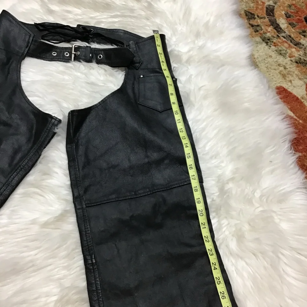 Event Leather Black Motorcycle Chaps Zip Sides Snap Bottoms Pocket